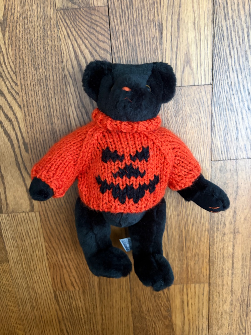 Vintage A&A Halloween Black Stuffed Animal Bear Orange Sweater Toy Decor